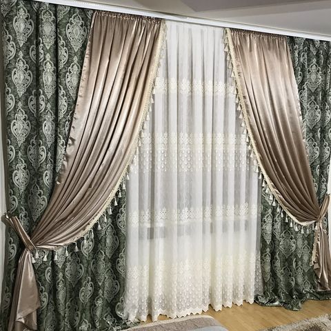 Готові штори декоровані бахромою №396 зелений